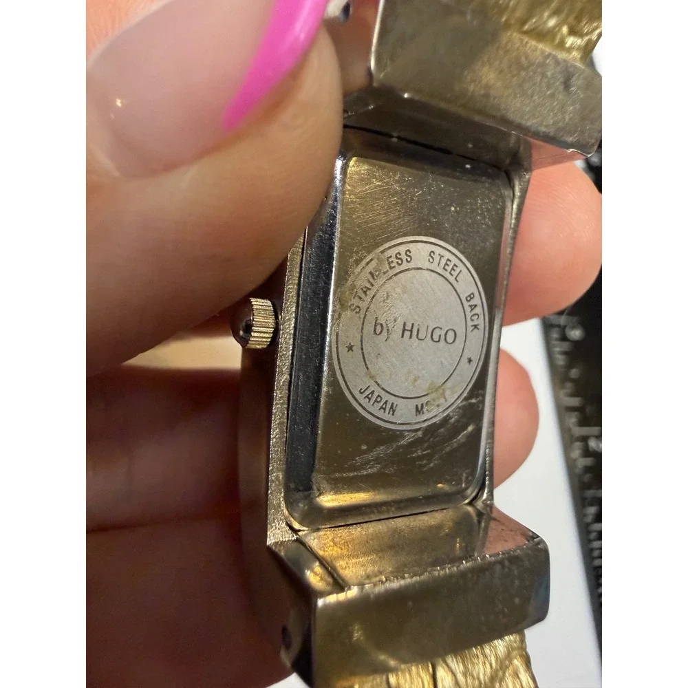 by HUGO Cuff Watch Silver Tone Rectangular Case Gold Snakeskin Band Japan Movt